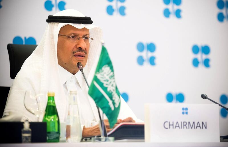 Saudi Arabia's Minister of Energy Prince Abdulaziz bin Salman Al-Saud speaks via video link during a virtual emergency meeting of OPEC and non-OPEC countries, following the outbreak of the coronavirus disease (COVID-19), in Riyadh, Saudi Arabia April 9, 2020. Picture taken April 9, 2020. Saudi Press Agency/Handout via REUTERS ATTENTION EDITORS - THIS PICTURE WAS PROVIDED BY A THIRD PARTY.