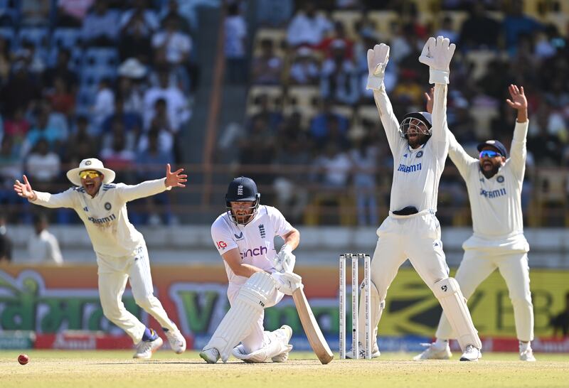 India successfully appeal for the wicket of Jonny Bairstow, lbw to Ravindra Jadeja for four. Getty Images