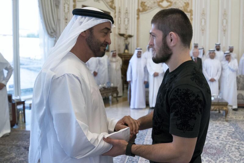 ABU DHABI, UNITED ARAB EMIRATES - September 09, 2019: HH Sheikh Mohamed bin Zayed Al Nahyan, Crown Prince of Abu Dhabi and Deputy Supreme Commander of the UAE Armed Forces (L), receives Khabib Nurmagomedov, UFC Lightweight Champion and winner of UFC 242 Abu Dhabi (R), during a Sea Palace barza.

( Hamad Al Kaabi / Ministry of Presidential Affairs )​
---