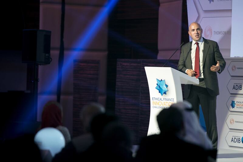 James Angus, head of growth businesses at Thomson Reuters, speaks at the Ethical Finance Innovation Challenge and Awards ceremony. Reem Mohammed / The National