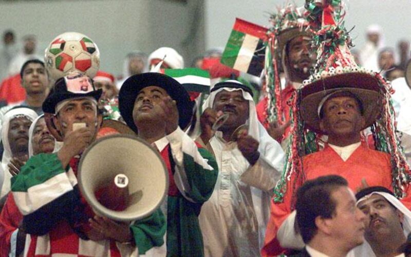 Emirati soccer fans celebrate after their victory against Oman during their Gulf Cup championship match in Manama 3rd November 1998. The United Arab Emirates defeated Oman 3-2. AFP
