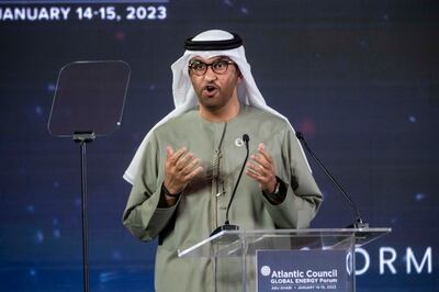 Dr Sultan Al Jaber, President-designate of Cop28, addressed both the Atlantic Council Global Energy Forum and the Irena Assembly in Abu Dhabi on Saturday. Antonie Robertson / The National


