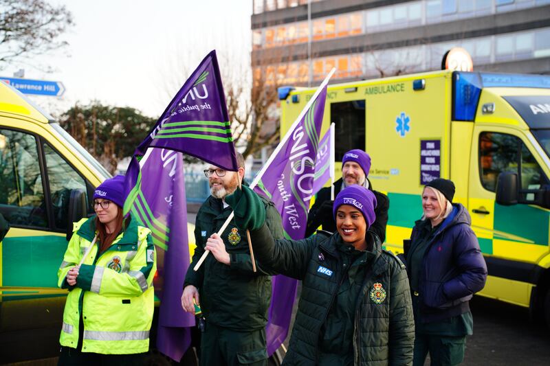 Ambulance workers on the picket line outside Croydon Street Ambulance Station in Bristol. Thousands of members of Unison, Unite and the GMB unions are set to walk out across England and Wales. PA