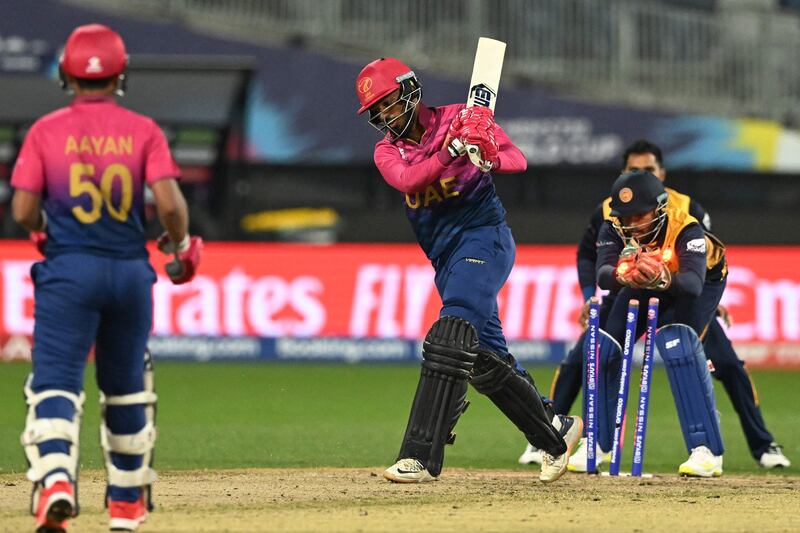 UAE's Karthik Meiyappan is stumped by Sri Lanka wicketkeeper Kusal Mendis. AFP