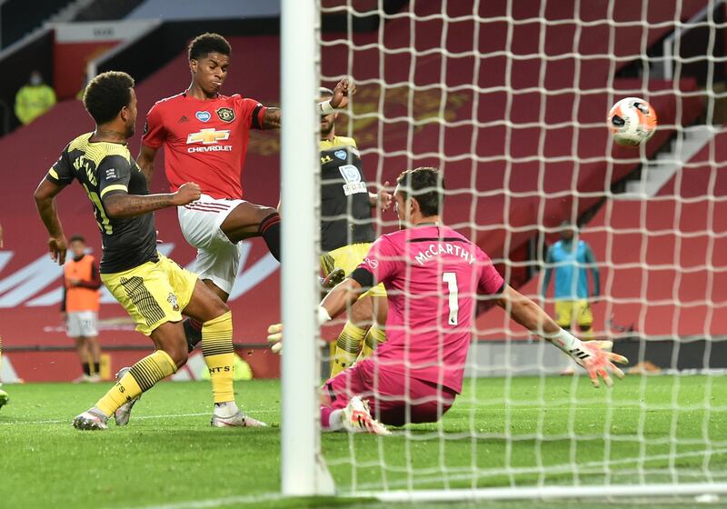 Manchester United's Marcus Rashford makes an unsuccessful shot on goal during the match against Southampton at Old Trafford. AP