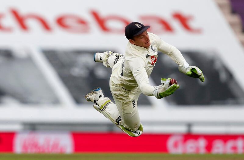England wicketkeeper Jos Buttler takes a catch to dismiss Pakistan batsman Shaheen Afridi during Day 3 of the third Test at the Ageas Bowl in Southampton, England, on Sunday, August 23. AP
