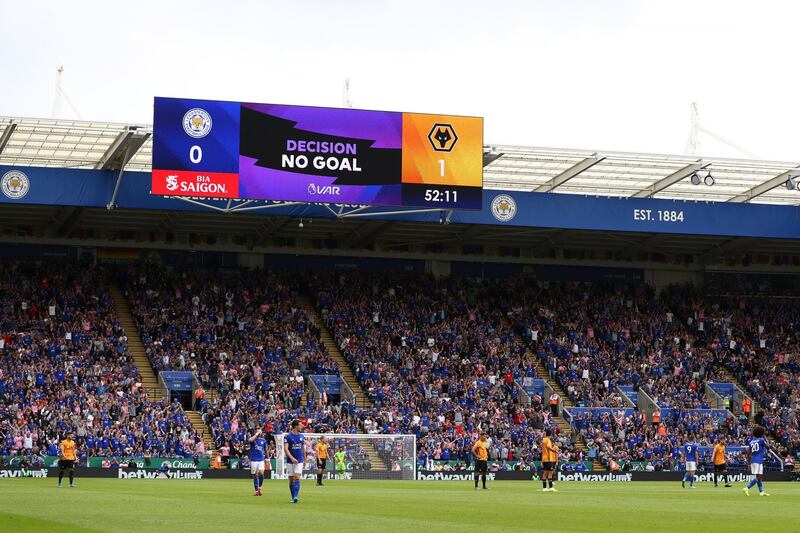 LEICESTER, ENGLAND - AUGUST 11: The LED screen displays a no goal decision after a VAR goal check during the Premier League match between Leicester City and Wolverhampton Wanderers at The King Power Stadium on August 11, 2019 in Leicester, United Kingdom. (Photo by Matthew Lewis/Getty Images)