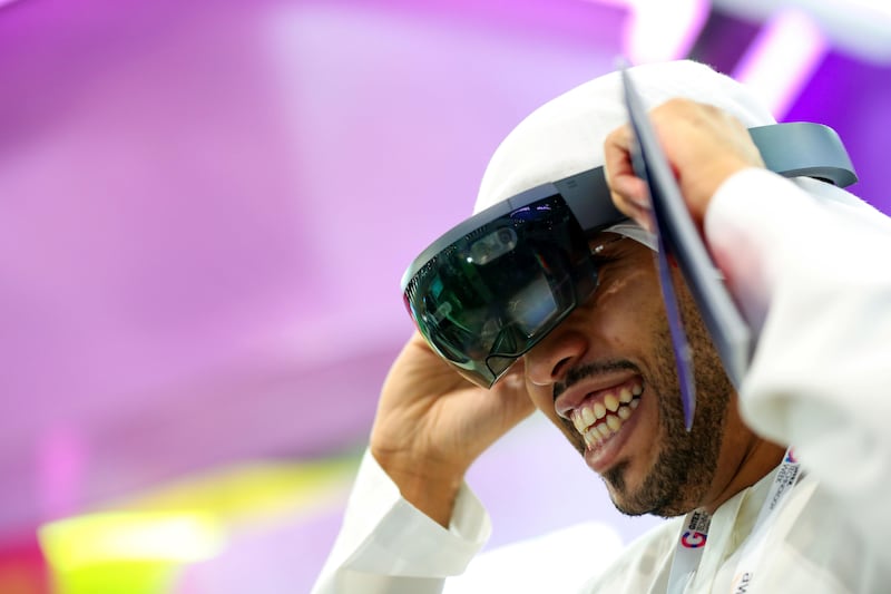 Dubai, United Arab Emirates - October 9th, 2017: Standalone. A visitor tries some smart glasses at 37th GITEX technology week. Monday, October 9th, 2017 at World Trade Centre, Dubai. 