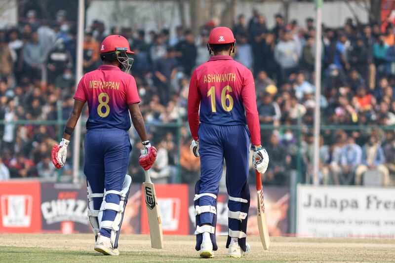 Karthik Meiyappan and Ashwanth Valthapa during the ICC Cricket World Cup League 2 match between UAE and Nepal.