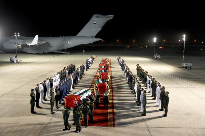 The bodies of the martyrs arrive in the UAE yesterday. WAM