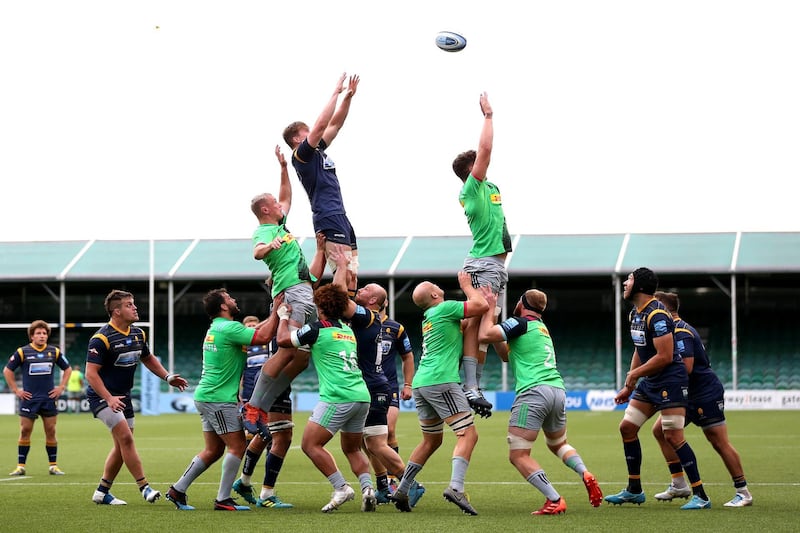 A line-out during the Premiership rugby match between Worcester Warriors and Harlequins at Sixways Stadium on Wednesday, August 26. Getty