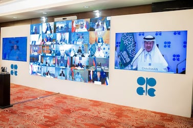 Saudi Arabia's energy minister Prince Abdulaziz bin Salman at the Opec+ emergency meeting in April. Saudi Press Agency