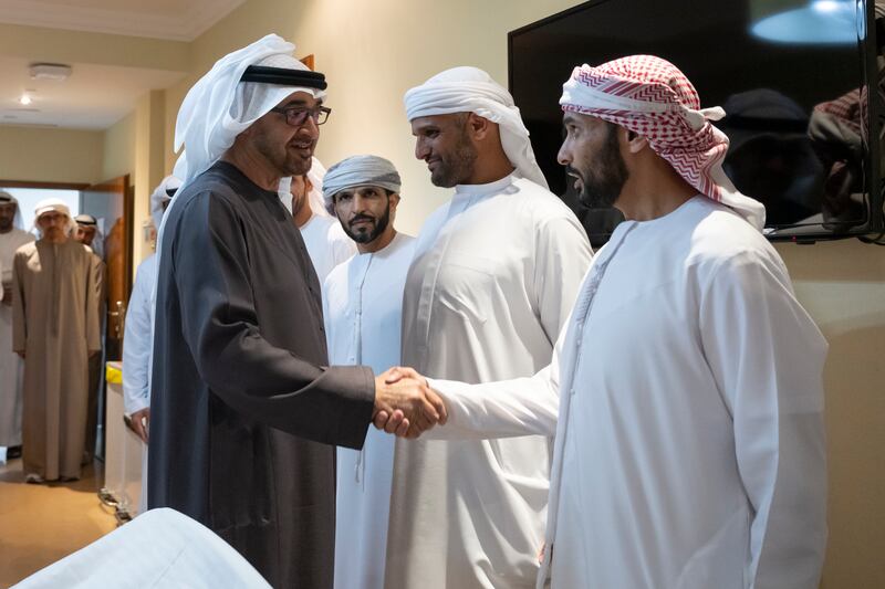 Sheikh Mohamed greets a guest while visiting Capt Al Nuaimi

