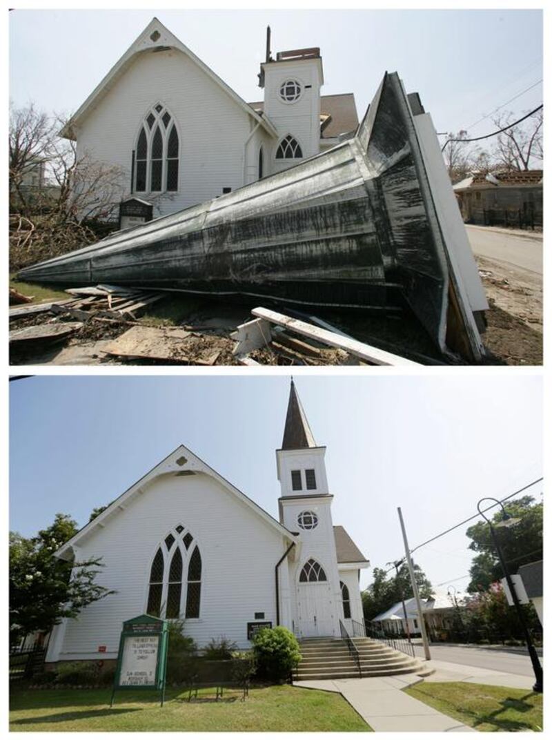 The steeple from the Main Street Methodist Church in Bay St. Louis, Mississippi, and the restored church a decade later.