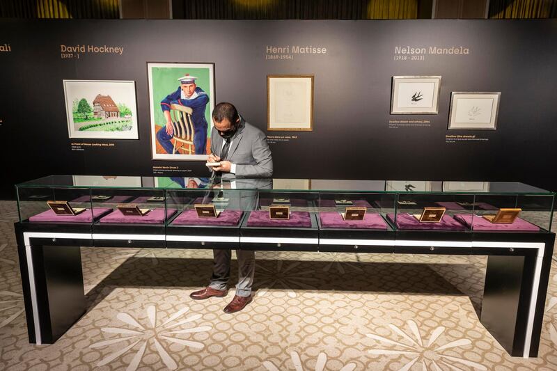 Pre auction preview of the art on auction at the 100 Million Meals charity auction at the Mandarin Oriental Jumeirah in Dubai on April 24 th, 2021. 
Antonie Robertson / The National.
Reporter: Rory Reynold for National