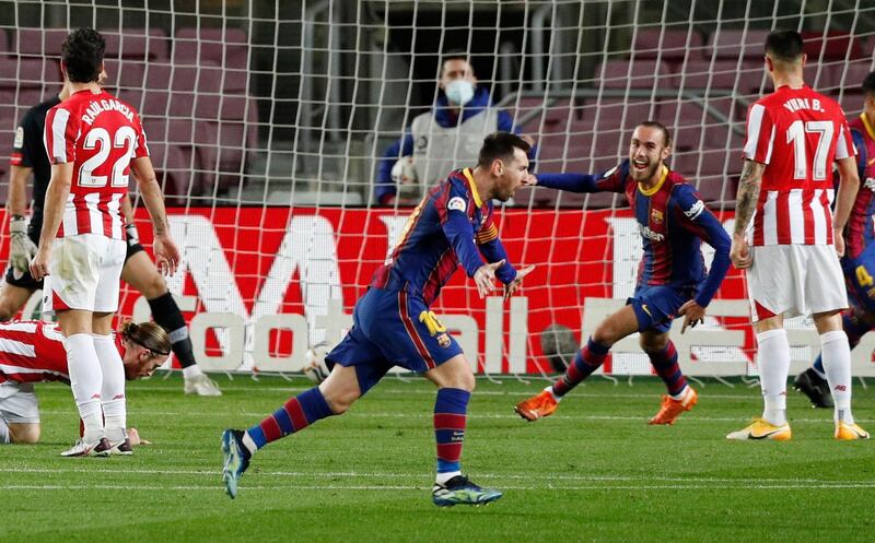 Soccer Football - La Liga Santander - FC Barcelona v Athletic Bilbao - Camp Nou, Barcelona, Spain - January 31, 2021 Barcelona's Lionel Messi celebrates scoring their first goal REUTERS/Albert Gea