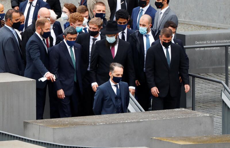 Sheikh Abdullah bin Zayed and his Israeli counterpart Gabi Ashkenazi visit the Holocaust memorial together with German Foreign Minister Heiko Maas prior to their historic meeting in Berlin, Germany.  Reuters