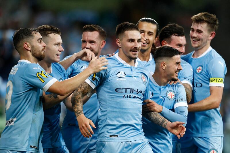 MELBOURNE, AUSTRALIA - MAY 16: Jamie MaClaren of Melbourne City celebrates a goal during the A-League match between Melbourne City and Wellington Phoenix at AAMI Park, on May 16, 2021, in Melbourne, Australia. (Photo by Darrian Traynor/Getty Images)