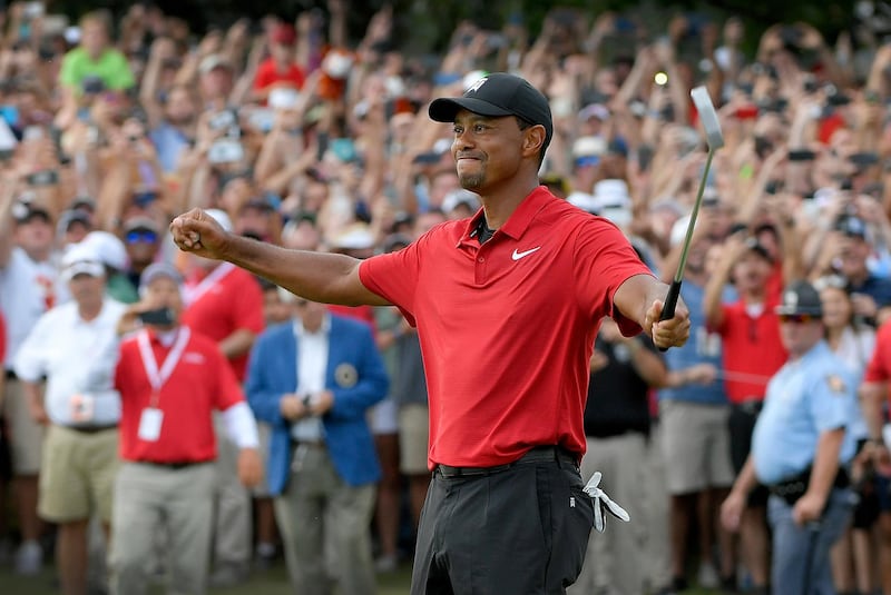 ATLANTA, GA - SEPTEMBER 23: Tiger Woods celebrates his win after the final round of the TOUR Championship at East Lake Golf Club on September 23, 2018, in Atlanta, Georgia. (Photo by Stan Badz/PGA TOUR/Getty Images)