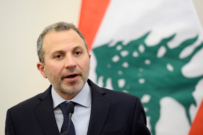 epa08803653 (FILE) - Lebanese Foreign Minister Gebran Bassil speaks during his meeting with his Hungarian counterpart in Budapest, Hungary, 26 November 2019 (reissued 06 November 2020). The US imposed sanctions on Gebran Bassil over "systemic corruption in Lebanon’s political system exemplified by Bassil," US Treasury Secrtary Mnuchin announced on 06 November 2020.  EPA/Tamas Kovacs HUNGARY OUT HUNGARY OUT *** Local Caption *** 55663378