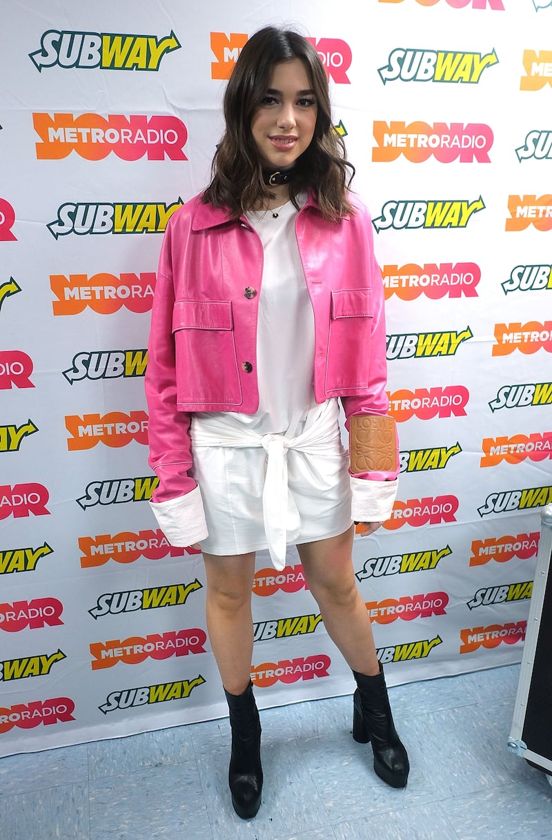 Dua Lipa, in a pink leather jacket, attends Metro Radio Christmas Live at Metro Radio Arena on December 16, 2016 in Newcastle upon Tyne, England. Getty