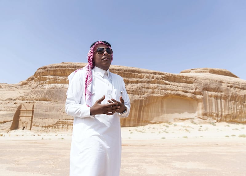 RIYADH, KINGDOM OF SAUDI ARABIA. 29 SEPTEMBER 2019. Sulaiman Al Juwayhil, tour guide in Al Ula, giving a tour in Madaen Saleh.(Photo: Reem Mohammed/The National)Reporter:Section: