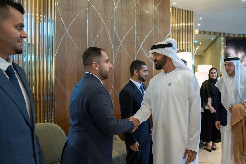 ASTANA, KAZAKHSTAN - July 05, 2018: HH Sheikh Mohamed bin Zayed Al Nahyan, Crown Prince of Abu Dhabi and Deputy Supreme Commander of the UAE Armed Forces (2nd R) greets UAE students who are studying in Kazakhstan. Seen with HH Sheikh Mansour bin Zayed Al Nahyan, UAE Deputy Prime Minister and Minister of Presidential Affairs (R).

Mohamed Al Hammadi / Crown Prince Court - Abu Dhabi