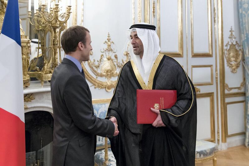 2017-12-18: Omar Saif Ghobash, the new UAE ambassador to the French Republic, presented his credentials to President Emmanuel Macron at the Elysee Palace in Paris. (PHILIPPE SERVENT / PRESIDENCE DE LA REPUBLIQUE)