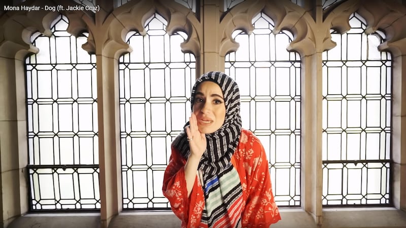 A still from Syrian-American Mona Haydar's new music video, which also features Jackie Cruz. Courtesy YouTube