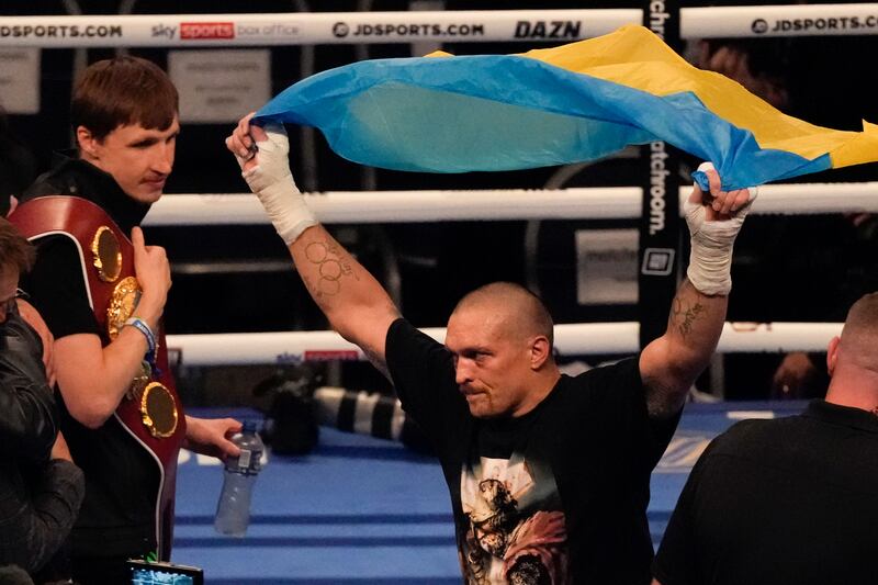 Oleksandr Usyk of Ukraine celebrates after his unanimous decision victory over Britain's Anthony Joshua. AP