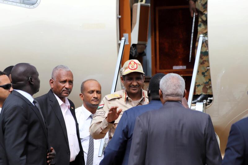 General Mohamed Hamdan Dagalo, Deputy Head of the Sudan Transitional Military Council, arrives in the Juba international airport for talks between Sudan’s ruling council and rebel leaders in Juba, South Sudan. REUTERS