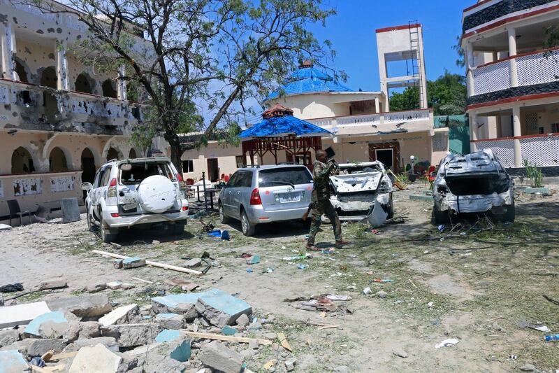 The area outside the hotel after the attack, in Kismayo, Somalia. AP