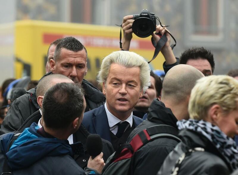 Dutch far-right politician and leader of the Partij Voor De Vrijheid (PVV or Freedom Party) Geert Wilders launches his parliamentary election campaign in Spijkenisse on February 18, 2017.  AFP / JOHN THYS

