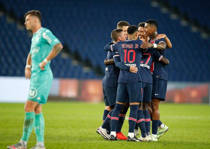 PSG players celebrate after Idrissa Gueye scored their side's fifth.  AP