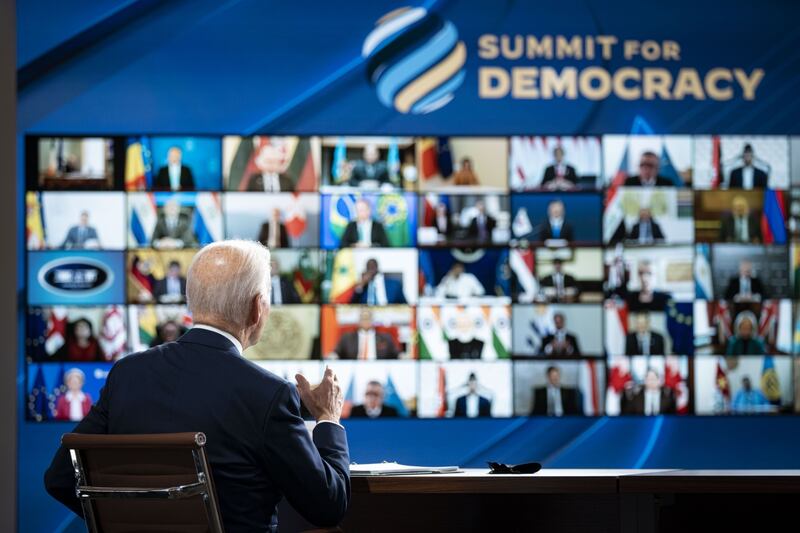 President Joe Biden addresses world leaders at the start of the summit. Bloomberg