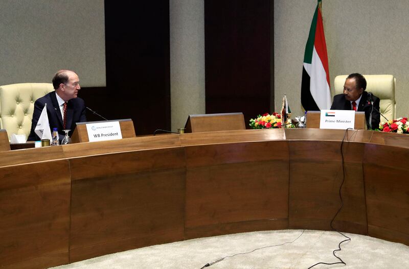 World Bank president David Malpass, left, and Sudanese Prime Minister Abdalla Hamdok meet in Khartoum. AFP