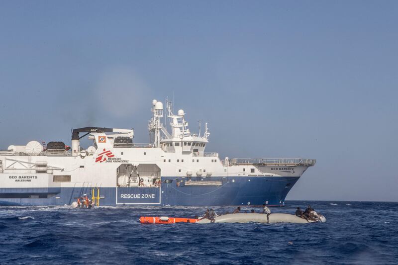 Doctors Without Borders' ship 'Geo Barents' tries to rescue 71 people from a rubber boat in distress in the central Mediterranean Sea. AFP / Medecins Sans Frontieres