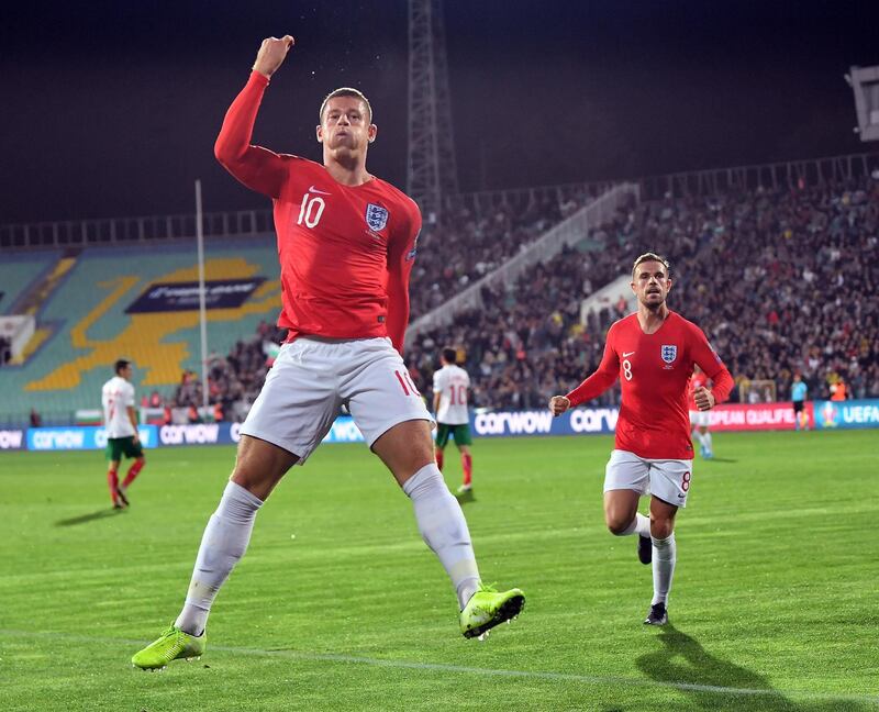 Ross Barkley celebrates after scoring against Bulgaria in Sofia. EPA