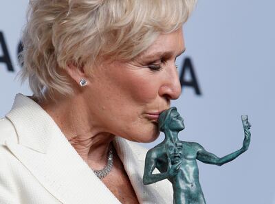 epa07326836 Glenn Close poses with the SAG Award for Outstanding performance by a Female Actor in a Leading Role in 'The Wife' during the 25th annual Screen Actors Guild Awards ceremony at the Shrine Auditorium in Los Angeles, California, USA, 27 January 2019.  EPA/NINA PROMMER