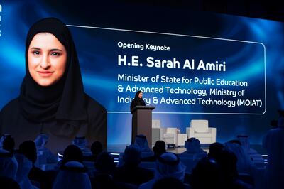 Sarah Al Amiri, UAE Minister of State for Public Education and Advanced Technology, delivering a speech at the Envision conference in Dubai on Tuesday. Photo: EITC