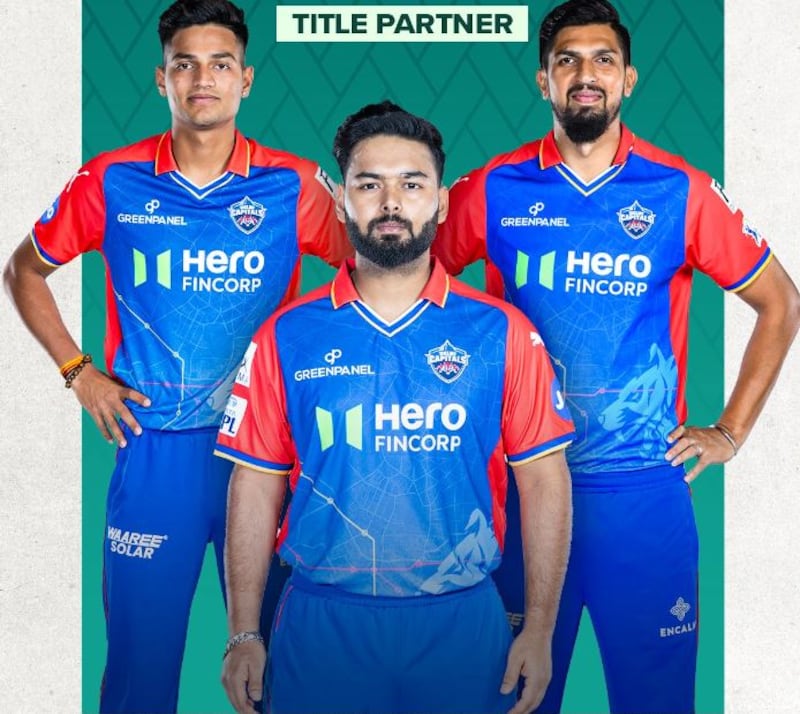 Delhi Capitals' jersey has a unique design element - the map of the state on the torso. The logos go well with the colours. Photo: Delhi Capitals / X