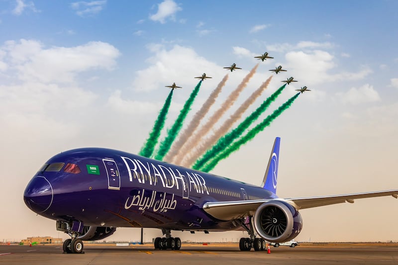 Riyadh Air's first flight was accompanied by the Saudi Hawks, an aerial stunt squadron. Photo: Riyadh Air