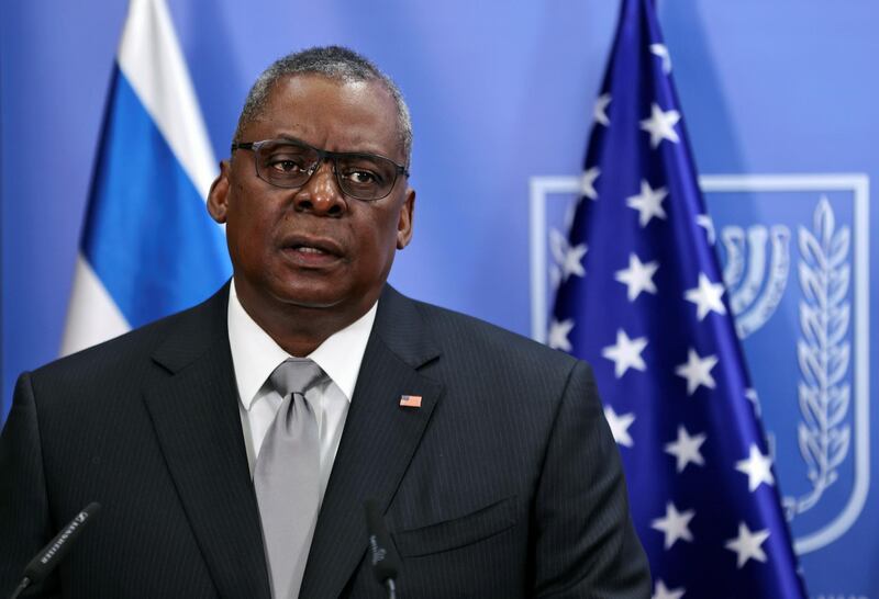 U.S. Defence Secretary Lloyd Austin speaks after a meeting with Israel's Prime Minister Benjamin Netanyahu in Jerusalem on April 12, 2021. Menahem Kahana/Pool via REUTERS