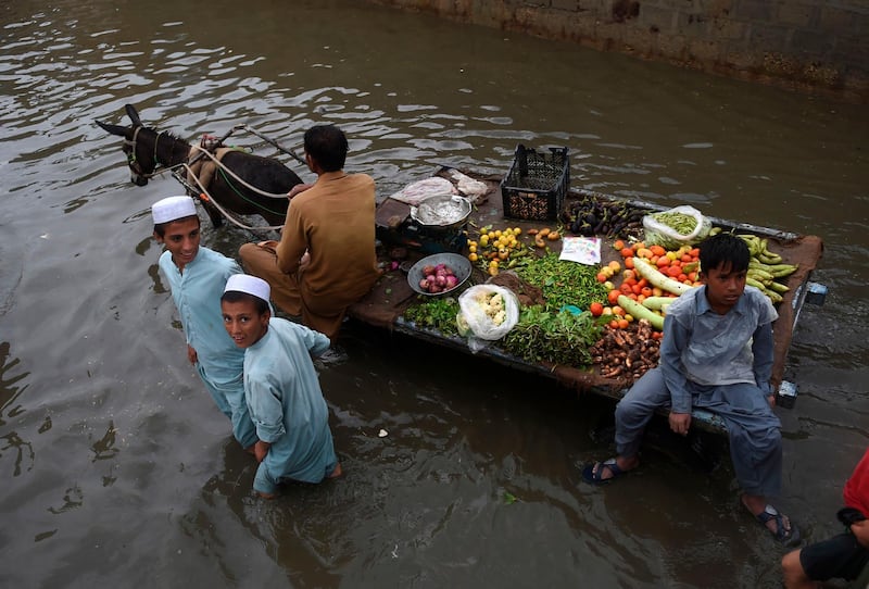 A vegetable vendor rides on his donkey cart through a flooded street after heavy monsoon rains in Pakistan's port city of Karachi.   AFP