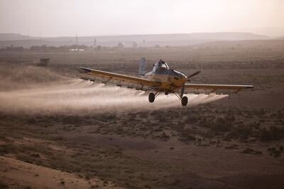 KMEHIN, ISRAEL - MARCH 06: (ISRAEL OUT) A light plane sprays pesticides as a Swarm of locusts arrives in Israel near the Egyptian border on March 6, 2013 in Kmehin, Israel. Egypt and Israel have been swarmed with millions of locusts over the past few days causing wide spread disturbances.  (Photo by Uriel Sinai/Getty Images)