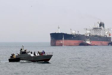 An Iranian military boat patrols next to the Artavil oil tanker at the Kharg Island in the Arabian Gulf near southern Iran in March 2017. EPA, file