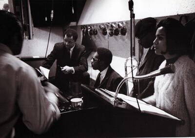 UNITED STATES - JANUARY 01:  Photo of Berry GORDY and Barbara McNAIR; In the Motown recording studio - Berry Gordy second from left and Barbara McNair, right  (Photo by Gilles Petard/Redferns/Getty Images)