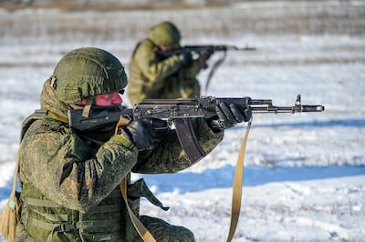 Russian soldiers take part in drills at the Kadamovskiy firing range in the south of the country. AP 