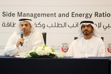 Mohamed Al Zaabi, Executive Director of Regulatory Affairs at the Abu Dhabi Department of Energy, and Dr Hilal Al Kaabi, Secretary General of the Abu Dhabi Quality and Conformity Council, launch the new plan during the World Energy Congress in Abu Dhabi on Tuesday. Pawan Singh / The National