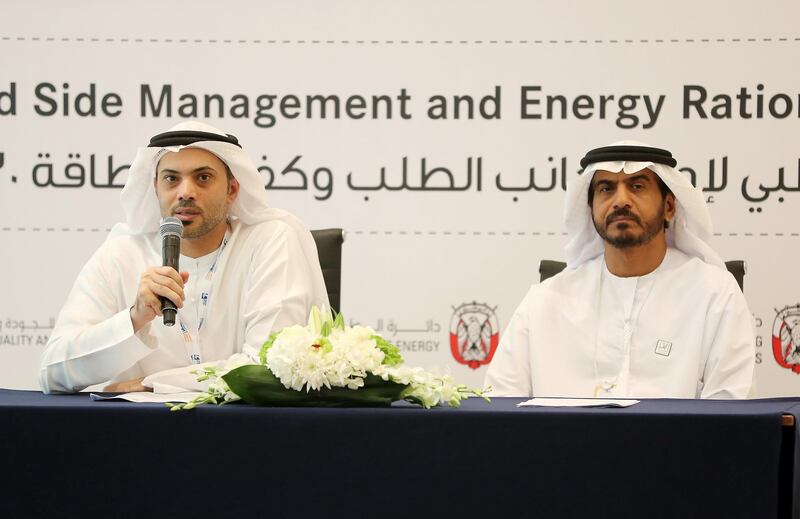 ABU DHABI ,  UNITED ARAB EMIRATES , SEPTEMBER 10 – 2019 :- Left to Right - Mohamed Al Zaabi , Department of Energy  and Dr Hilal Humaid Al Kaabi , Secretary General of the Abu Dhabi Quality and Conformity Council during the press conference of Department of Energy on the second day of the World Energy Congress held at ADNEC in Abu Dhabi. ( Pawan Singh / The National ) For News. Story by Daniel Sanderson
